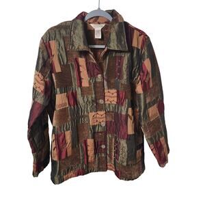 Northern Reflections Sz L Mixed Media Patchwork Leaves Print Button Up Jacket
